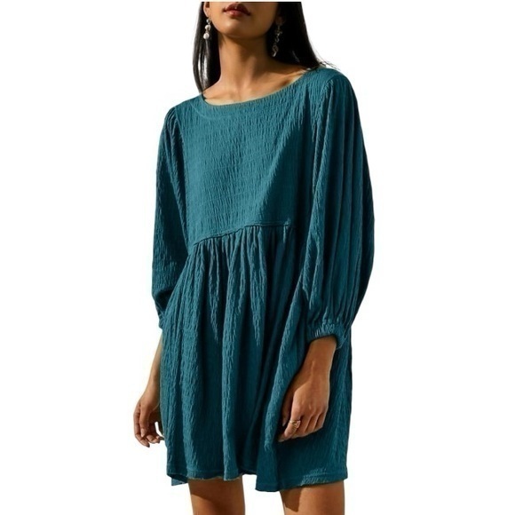 New! Simplee Apparel Tunic Puff Sleeve Babydoll Mini with Pockets Dress Sz S - Picture 1 of 8